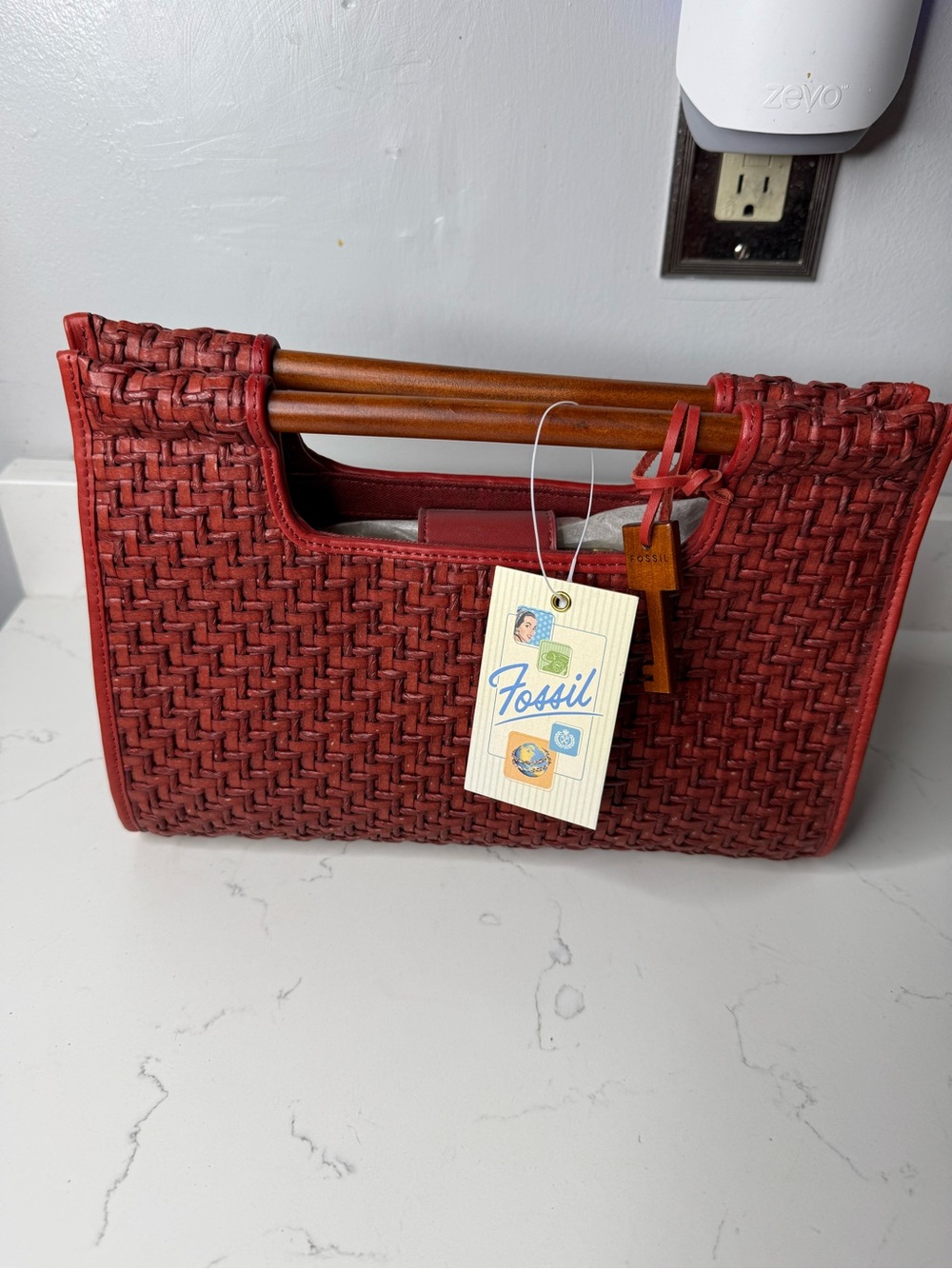 Vintage Fossil Red Woven Leather Top-Handle Clutch with Wood Handles